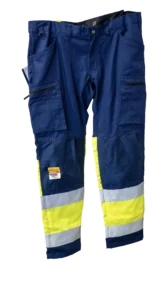 blåklæder arbejdsbukser i gul/navy med reflekser.
