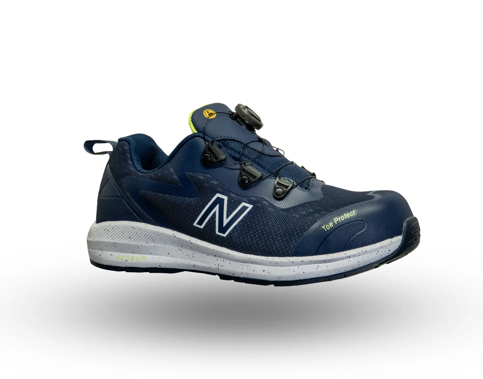 New Balance sikkerhedssko i mørkeblå med drejelukning, ESD-godkendelse og Toe Protect tåkappe til industri og lagerarbejde. Sikkerhedsudstyr fra Sikkerhedsgiganten
