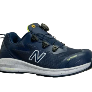 New Balance sikkerhedssko i mørkeblå med drejelukning, ESD-godkendelse og Toe Protect tåkappe til industri og lagerarbejde. Personlig sikkerhedsudstyr.