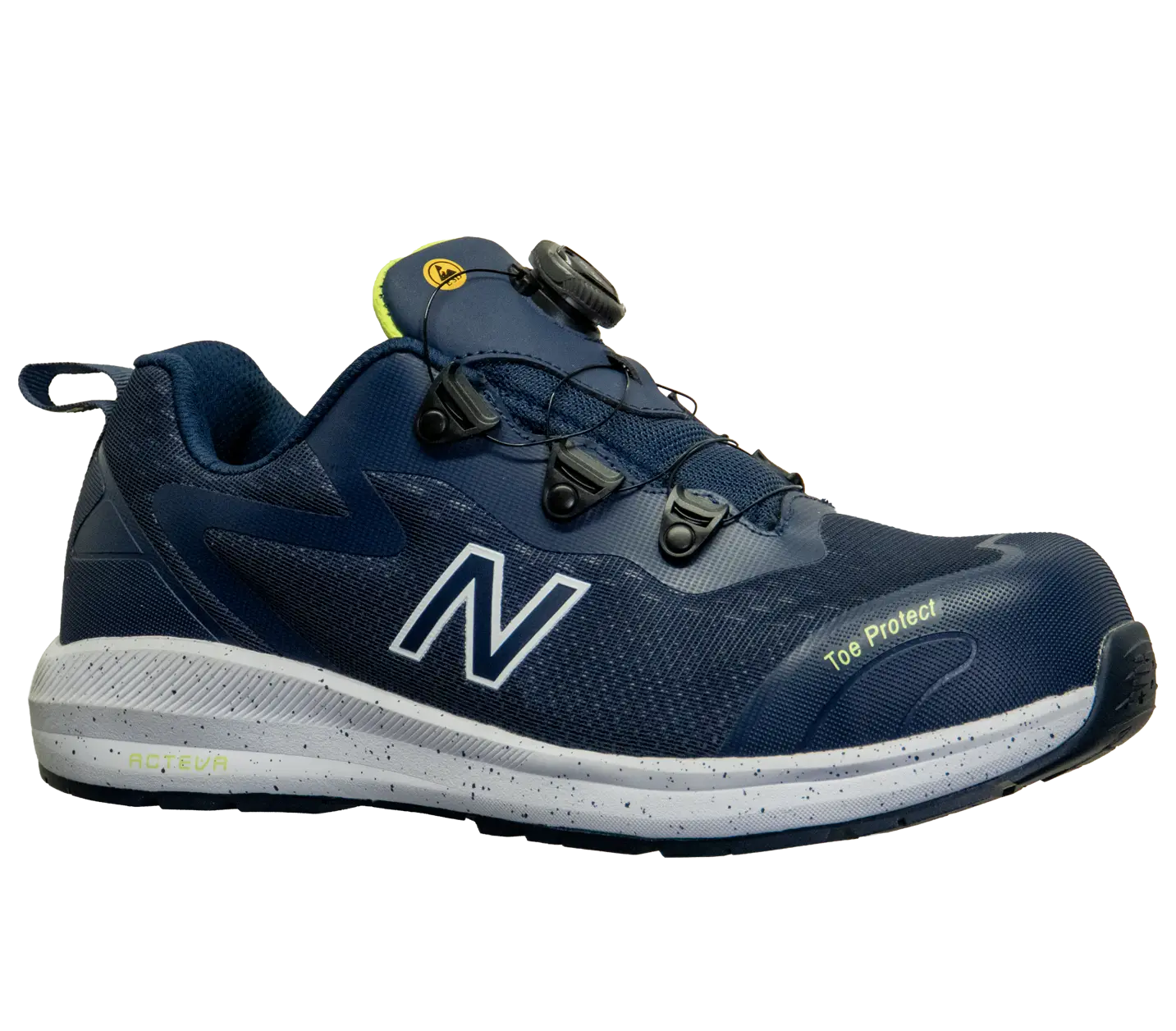 New Balance sikkerhedssko i mørkeblå med drejelukning, ESD-godkendelse og Toe Protect tåkappe til industri og lagerarbejde. Sikkerhedsudstyr fra Sikkerhedsgiganten
