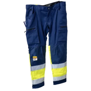 Blåkläder arbejdsbukser i mørkeblå og neongul med reflekser og lommer til knæpuder til professionelle håndværkere. Personlig sikkerhedsudstyr.