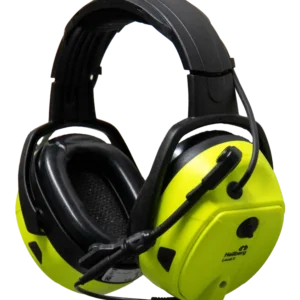 Hellberg Local 2 høreværn i neongul med indbygget kommunikationsradio og bøjlemikrofon til professionelt brug. Personlig sikkerhedsudstyr. Earplugs