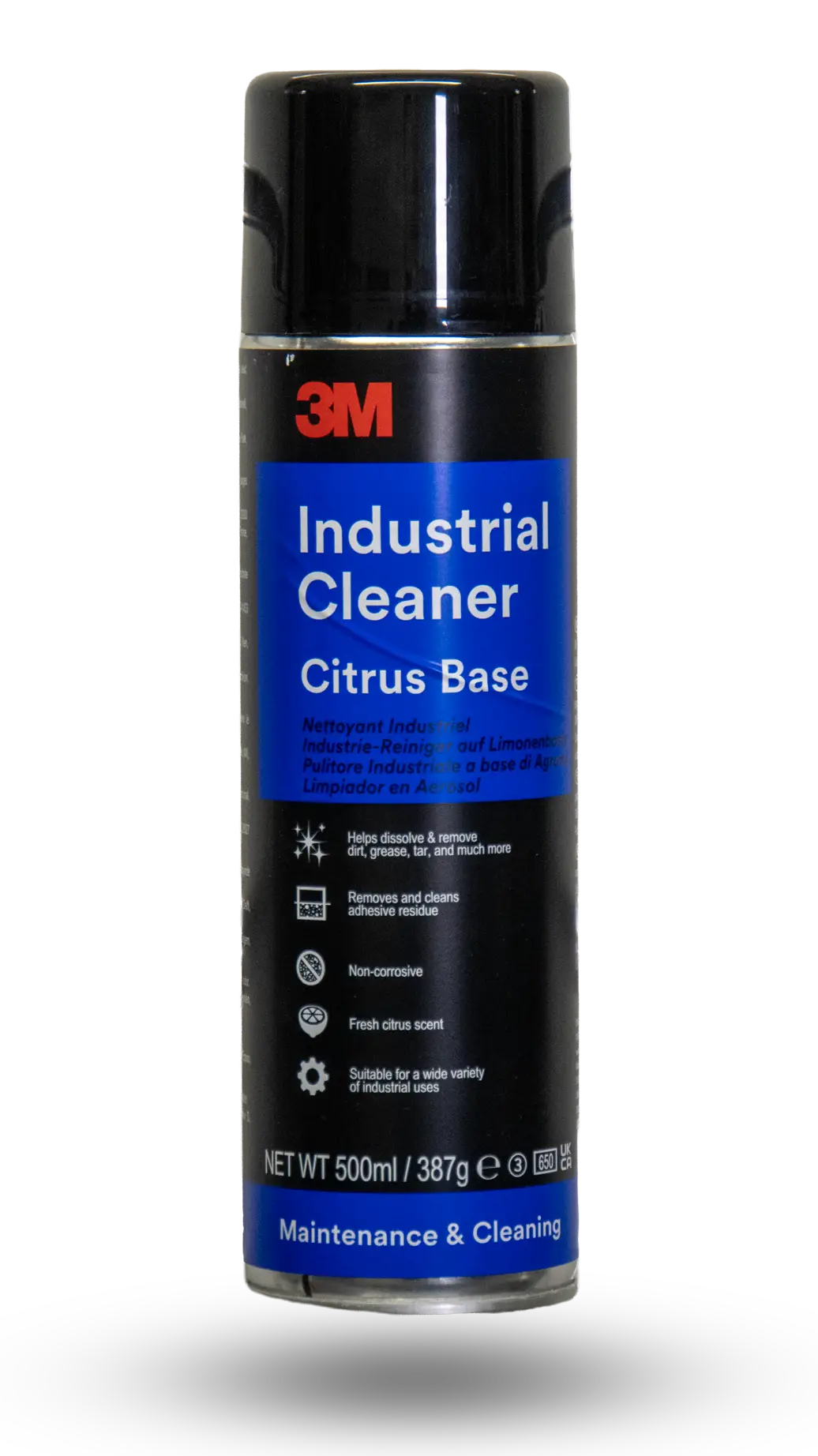 Rengøringsartikler: 3M Industrial Cleaner citrusbaseret industrirens på 500 ml spraydåse til effektiv fjernelse af limrester, fedt og snavs på værksted og fabrik.