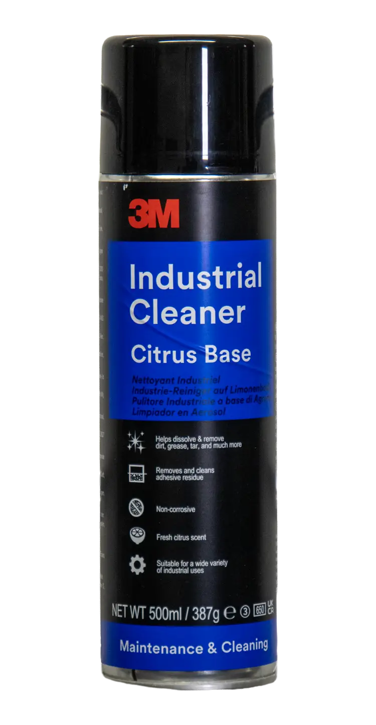Rengøringsartikler: 3M Industrial Cleaner citrusbaseret industrirens på 500 ml spraydåse til effektiv fjernelse af limrester, fedt og snavs på værksted og fabrik.