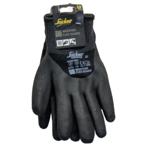 Snickers Workwear Weather Flex Guard arbejdshandsker i sort, størrelse 10, med EN511 kuldebeskyttelse til vinter- og udendørsarbejde. Personlig sikkerhedsudstyr